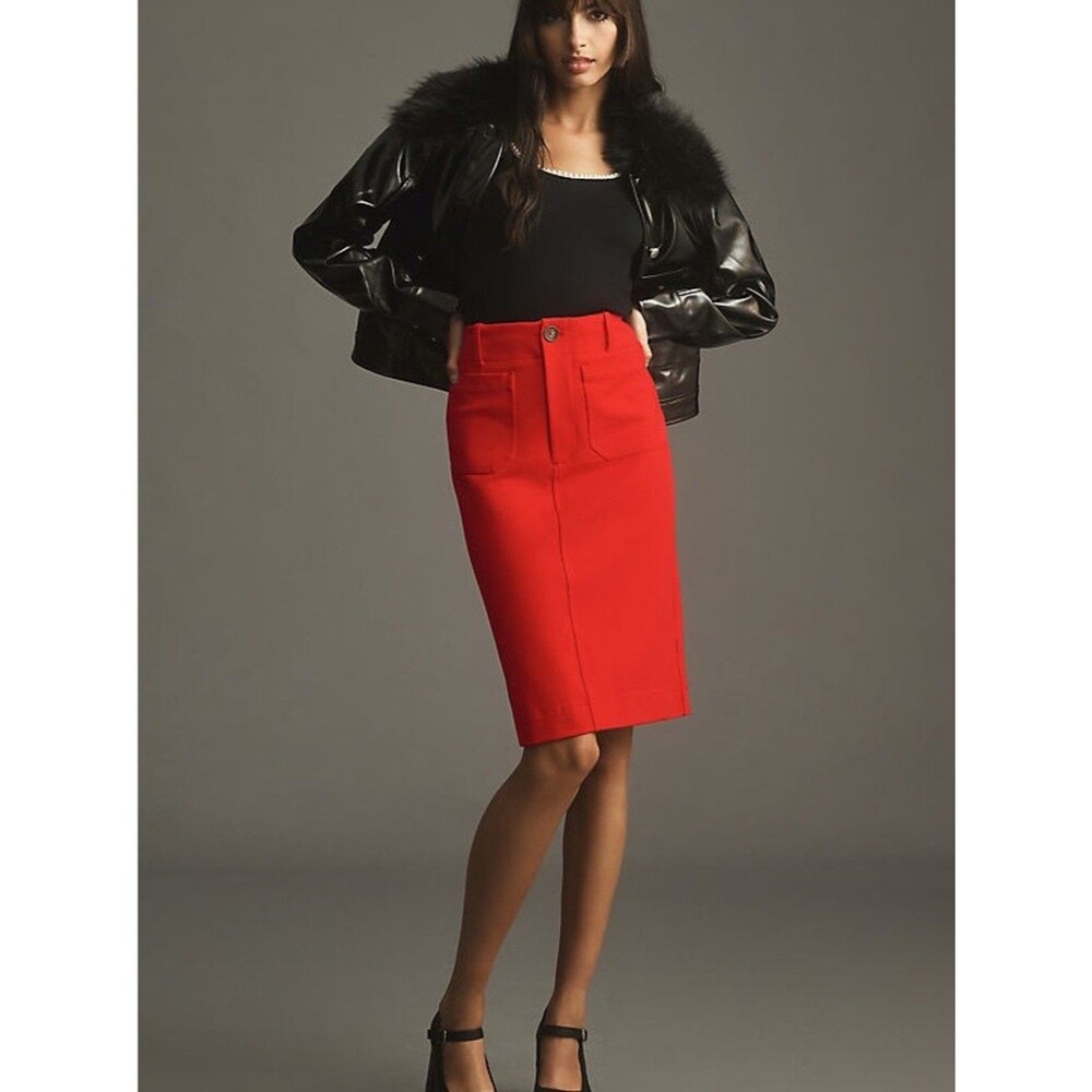 Maeve Anthropologie Colette Pencil Skirt Red Size Large Midi Back Slit Stretch